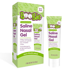 Boogie saline nasal gel bottle front offers unscented relief for dry noses.