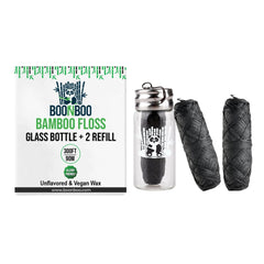 Charcoal woven dental floss with glass bottle - front view