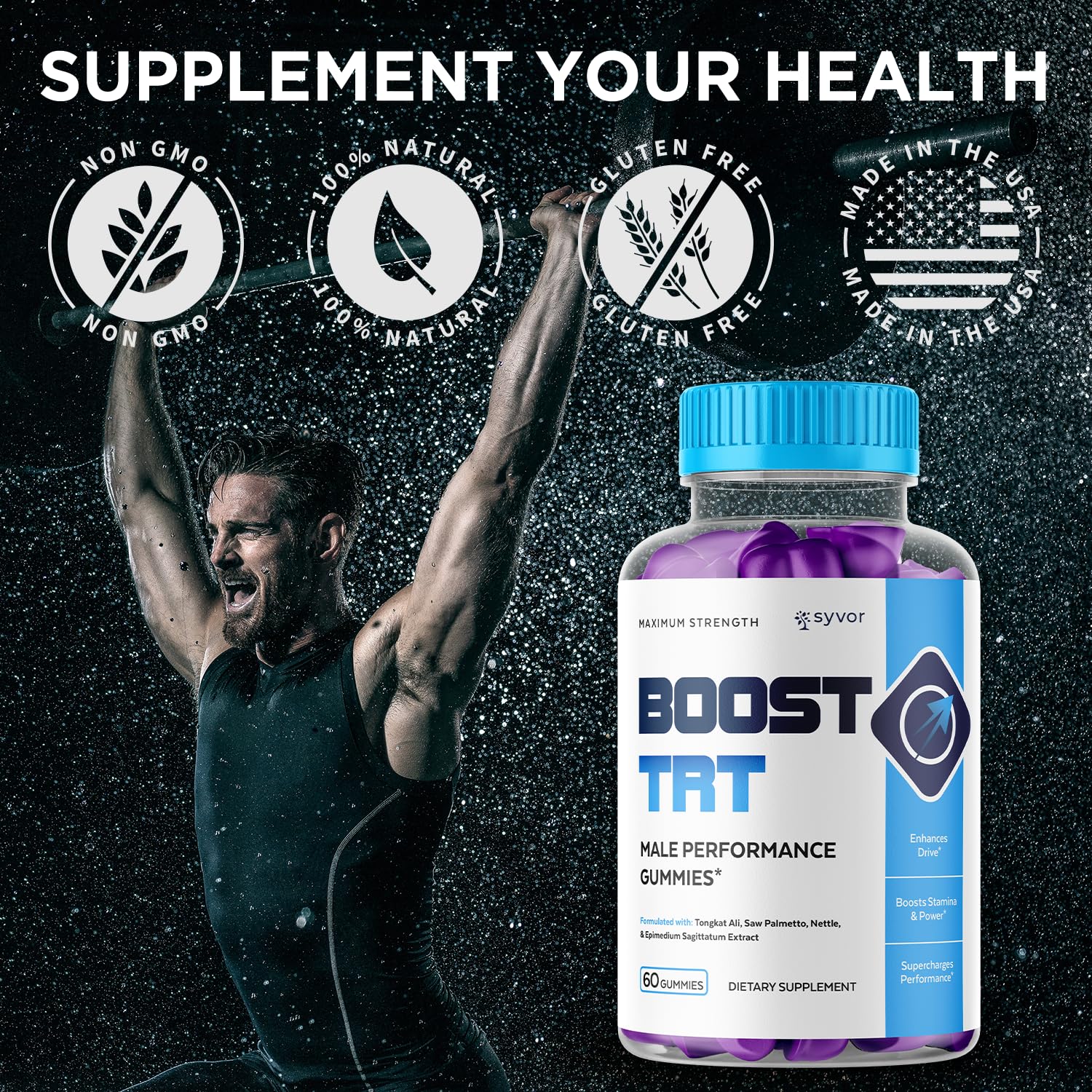 Lifestyle shot: man holding Boost TRT Gummies bottle