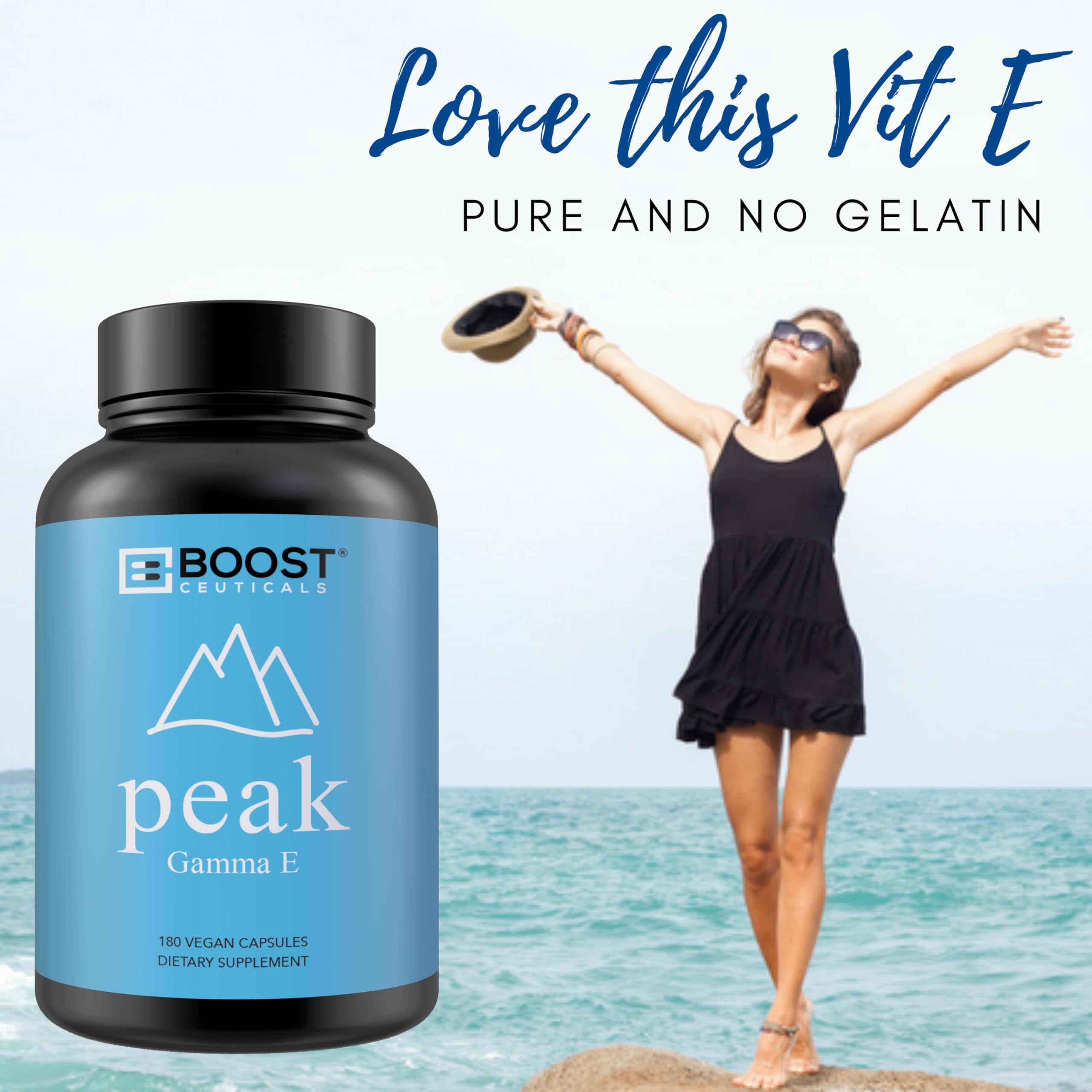 180-capsule bottle of BoostCeuticals Vegan Vitamin E Gamma Tocopherol