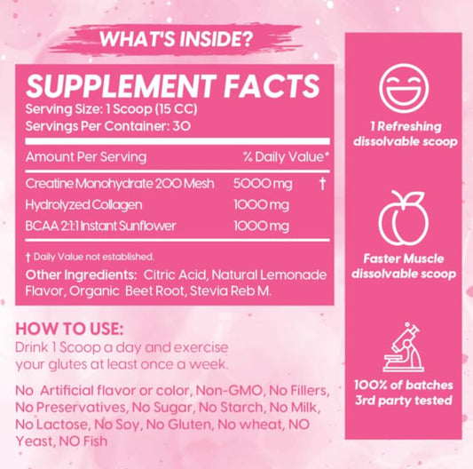 Ingredients: Creatine, BCAAs, and Collagen for women's fitness