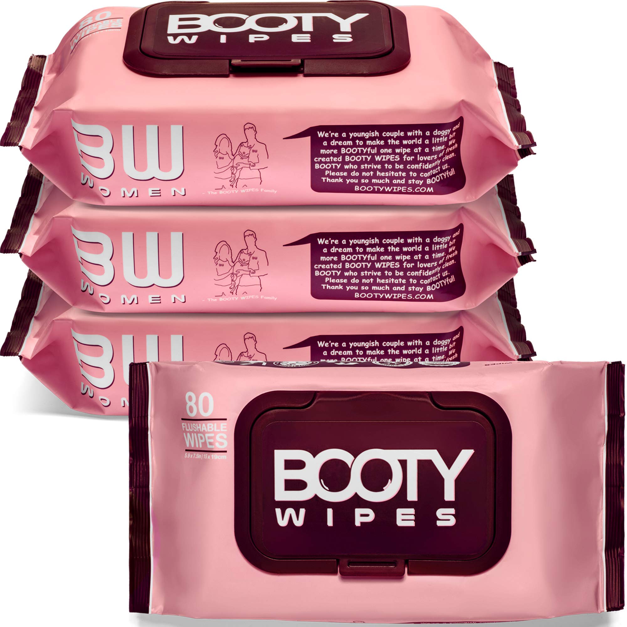 Booty Wipes flushable wipes women in a 4-pack for convenient bathroom refresh.