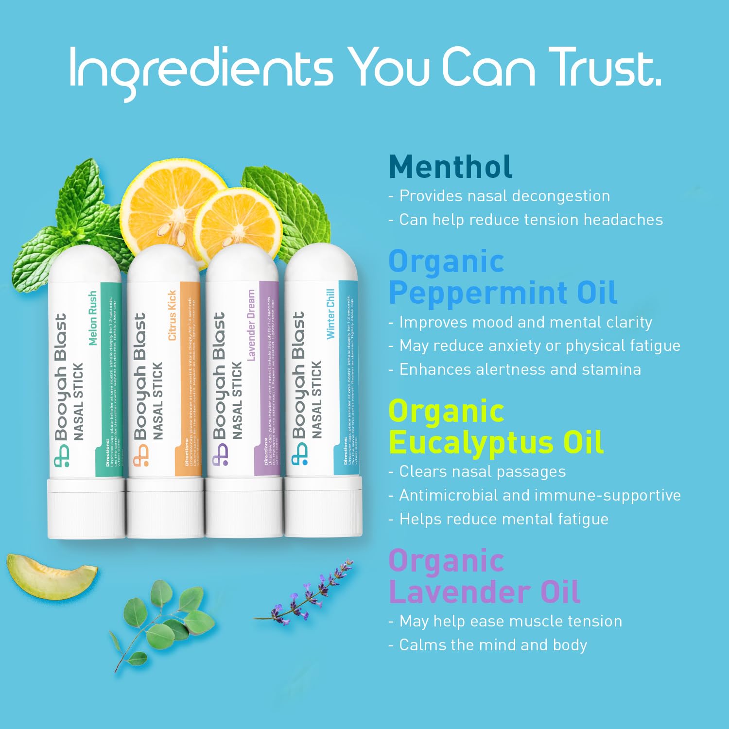 BOOYAH BLAST nasal stick Citrus Kick promotes mental clarity with a zesty, invigorating scent.