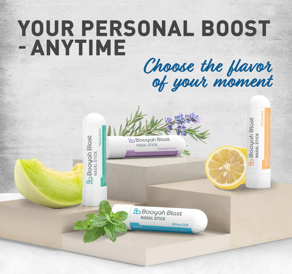 BOOYAH BLAST nasal stick Melon Rush refreshes senses and boosts alertness on the go.