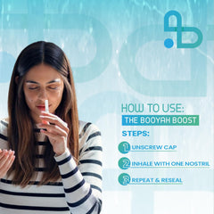 BOOYAH BLAST nasal stick on-the-go pack shown aiding quick reset during travel or work.