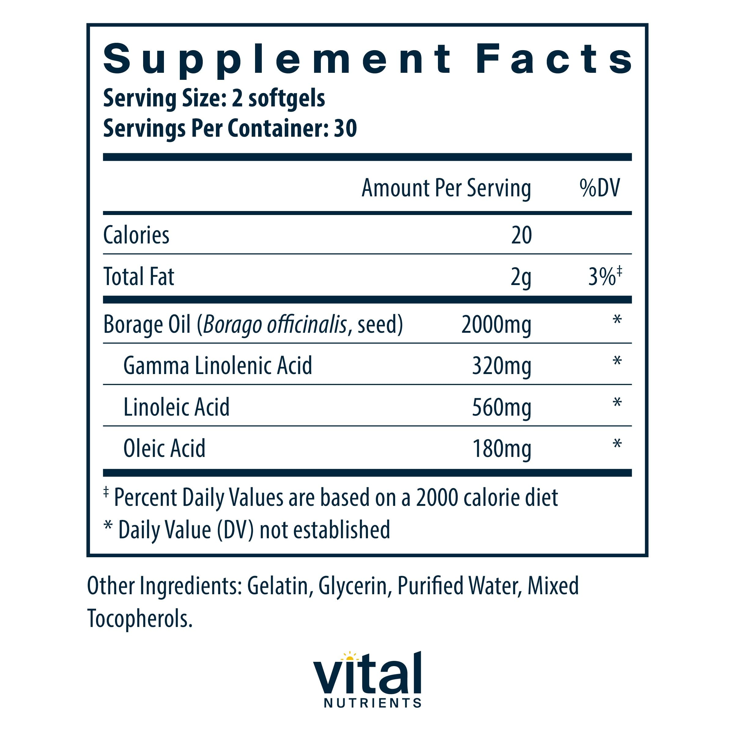 Borage oil softgels highlighting GLA Omega-6 content