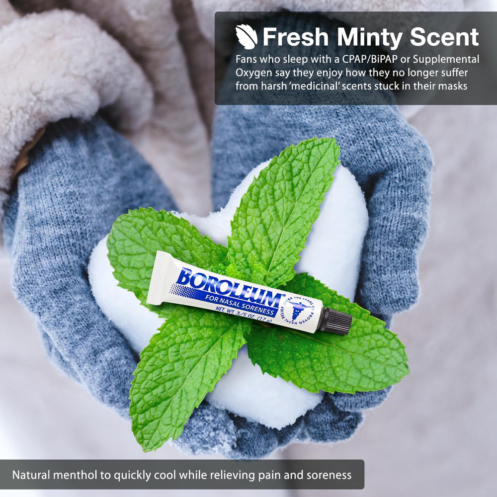 Boroleum fresh mint scent nasal balm provides a pleasant, non-burn aroma during use.