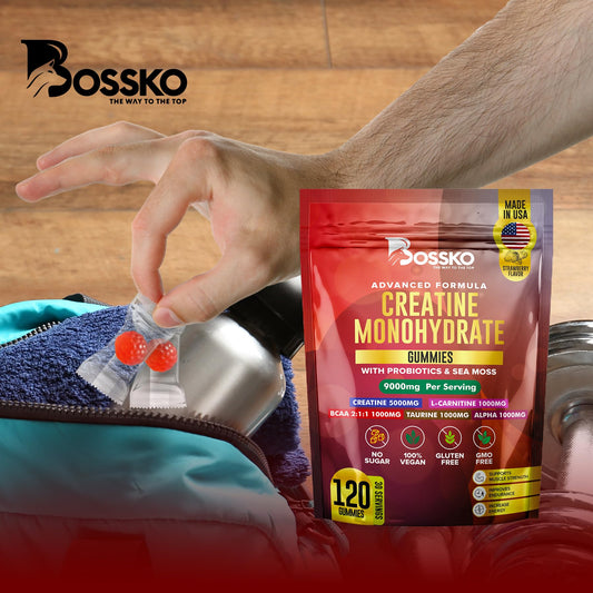 Close-up of BOSSKO Creatine Gummies label showing 5g creatine per serving