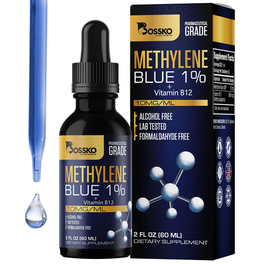 Amber glass Bossko Methylene Blue 60ml bottle on white background