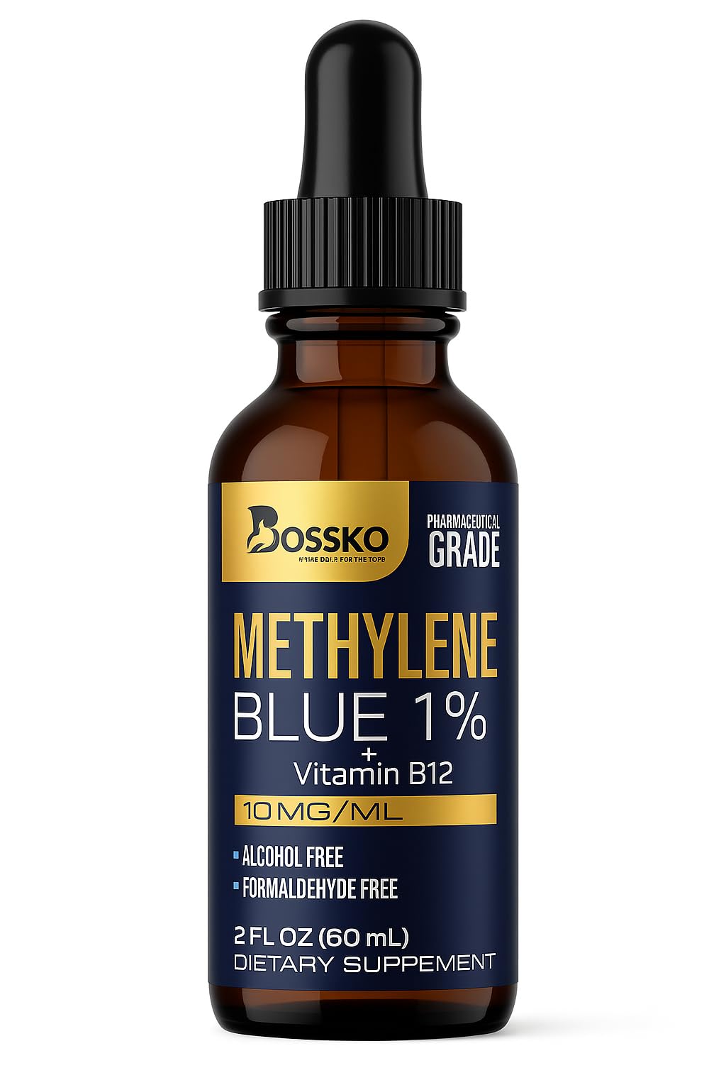 Third-party testing seal on Bossko Methylene Blue packaging
