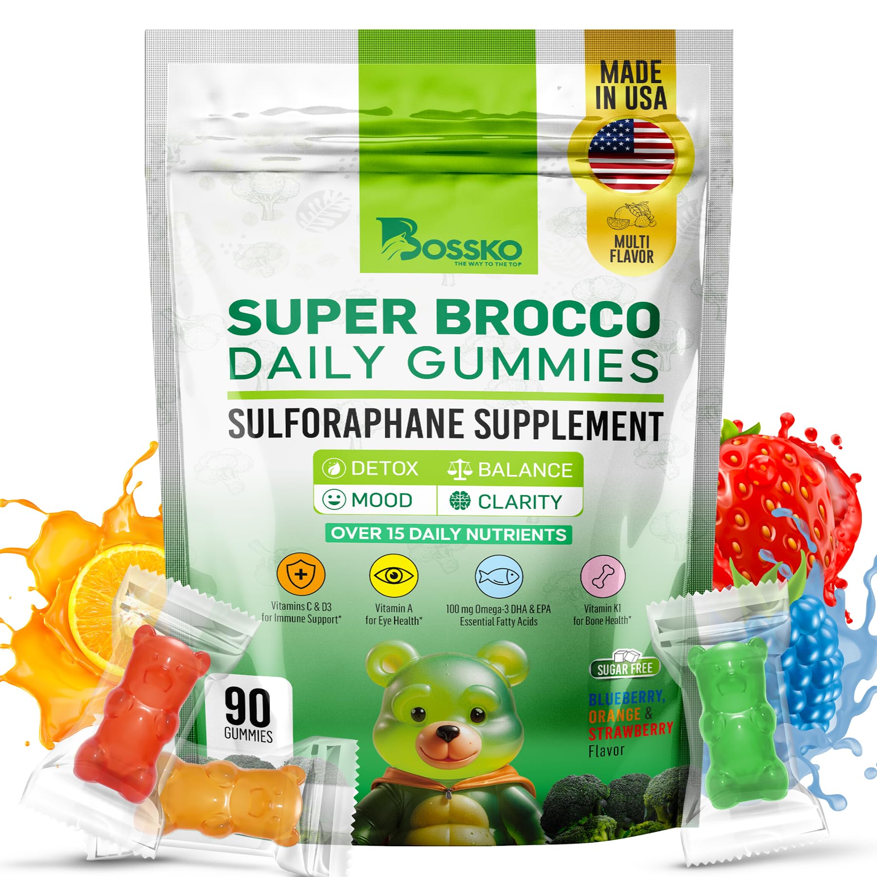 Bossko Sulforaphane Gummies with Omega-3 bottle on white background