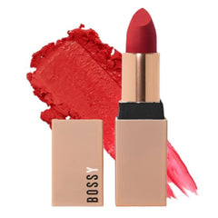 Bossy Cosmetics Ambitious Red pack shot highlighting vegan, long-lasting matte lipstick.