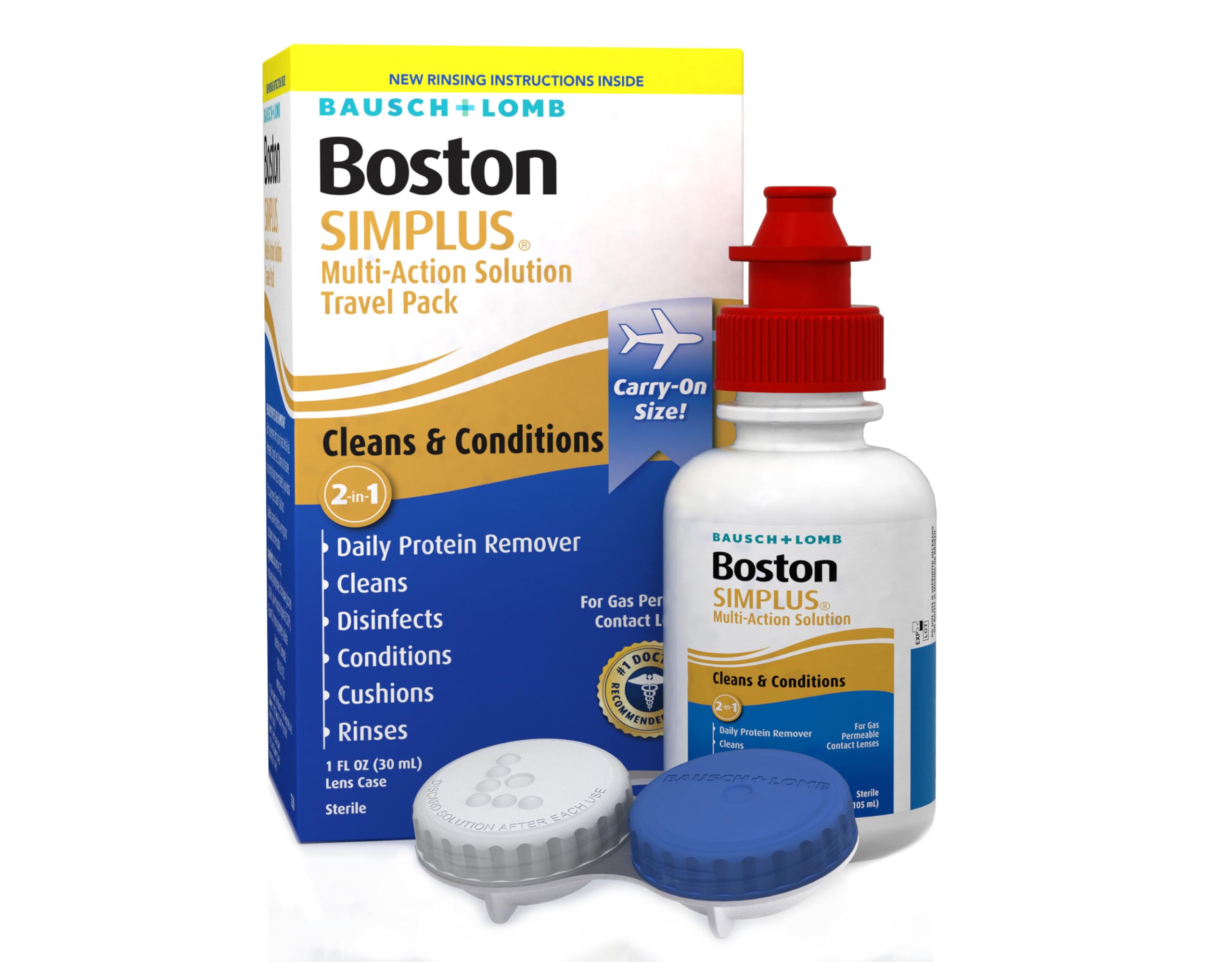 Travel kit components including lens case and bottle