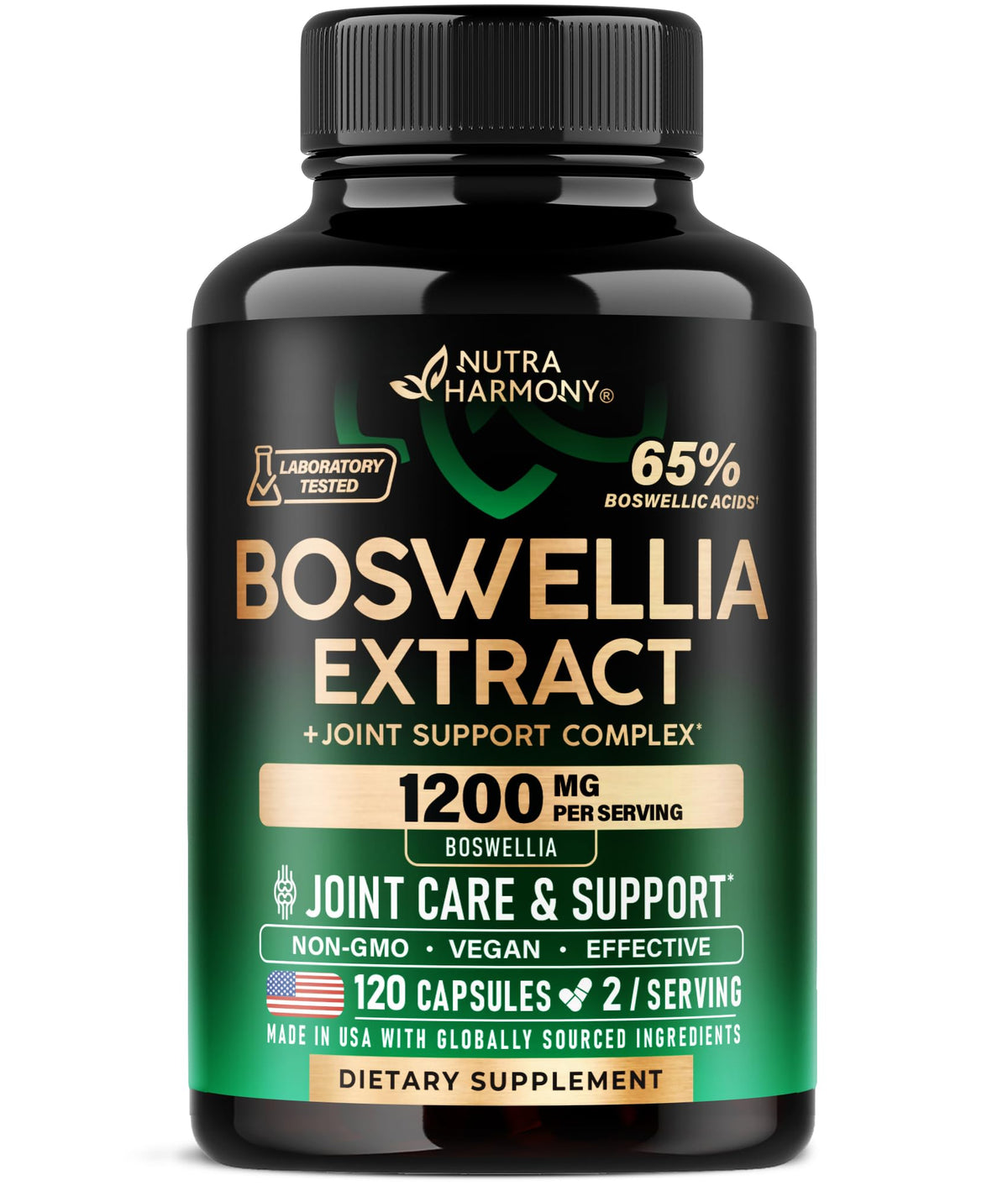 Front view of Boswellia 1200mg bottle with label