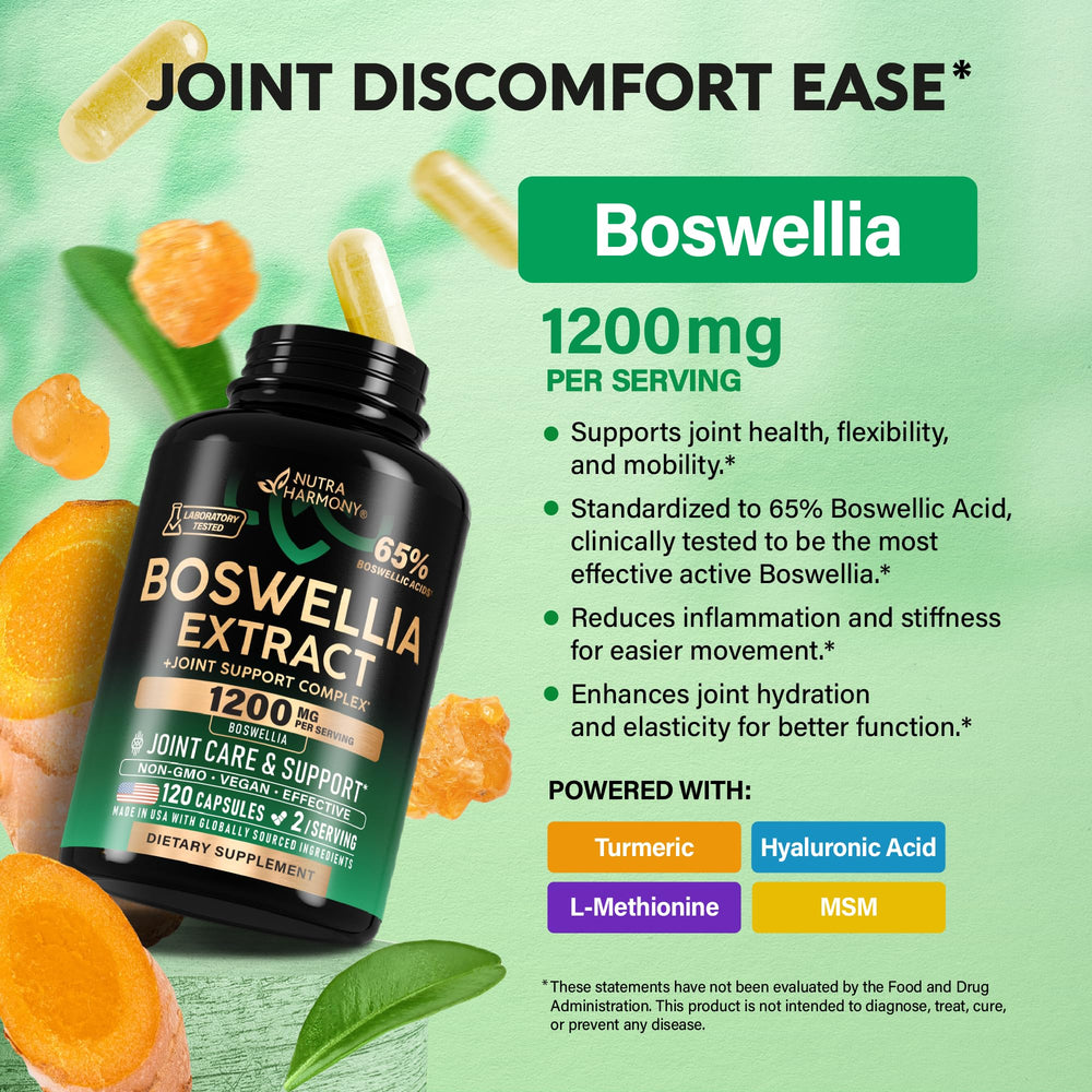 Ingredients: Boswellia 1200mg with Turmeric, MSM, Hyaluronic Acid