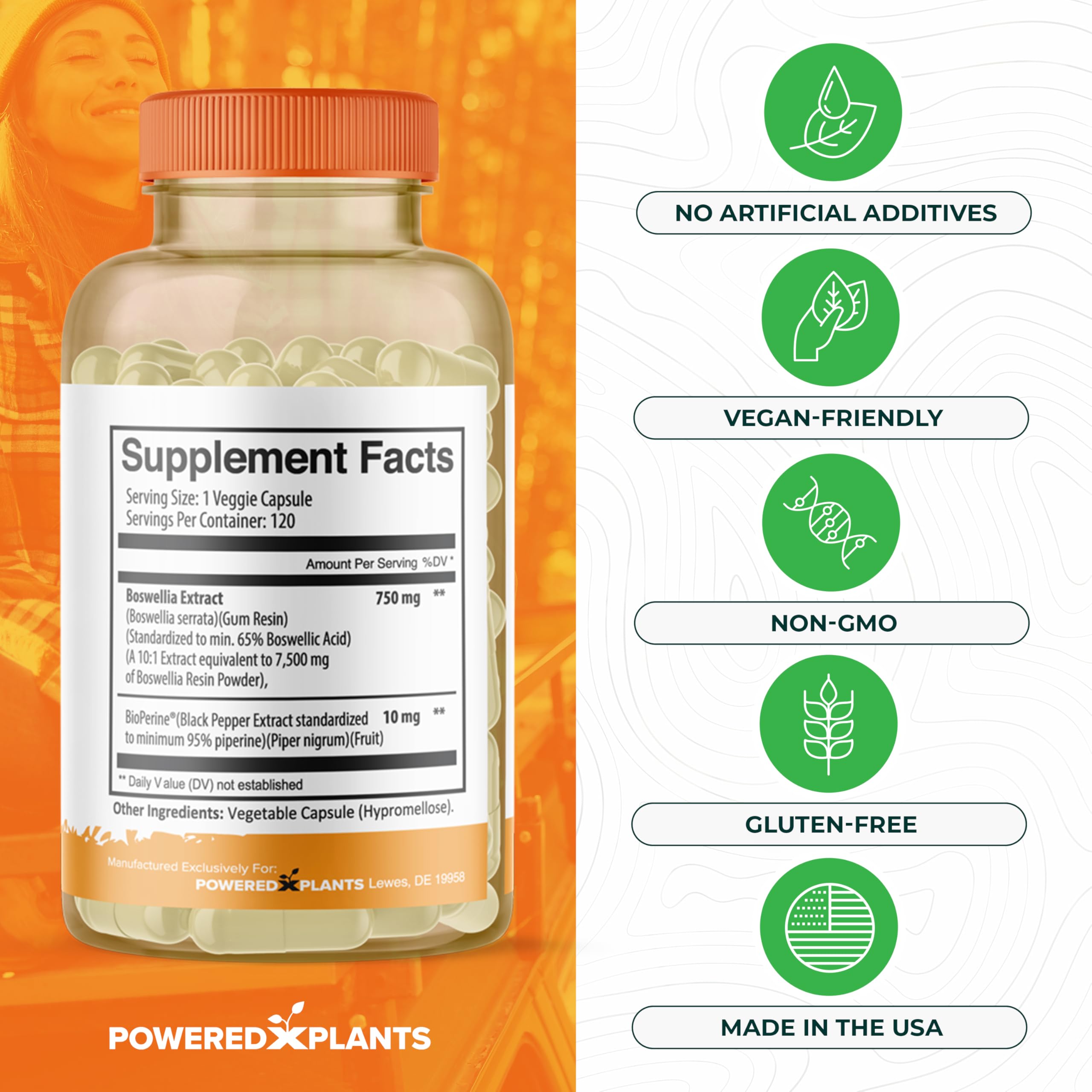 Close-up of Boswellia Serrata extract showing 65% boswellic acids and BioPerine