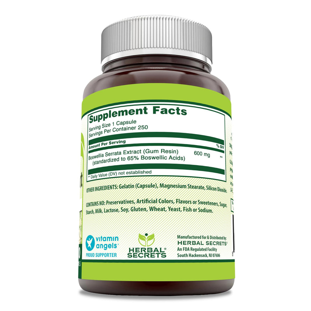 Close-up of Boswellia Serrata extract capsules label, 600 mg
