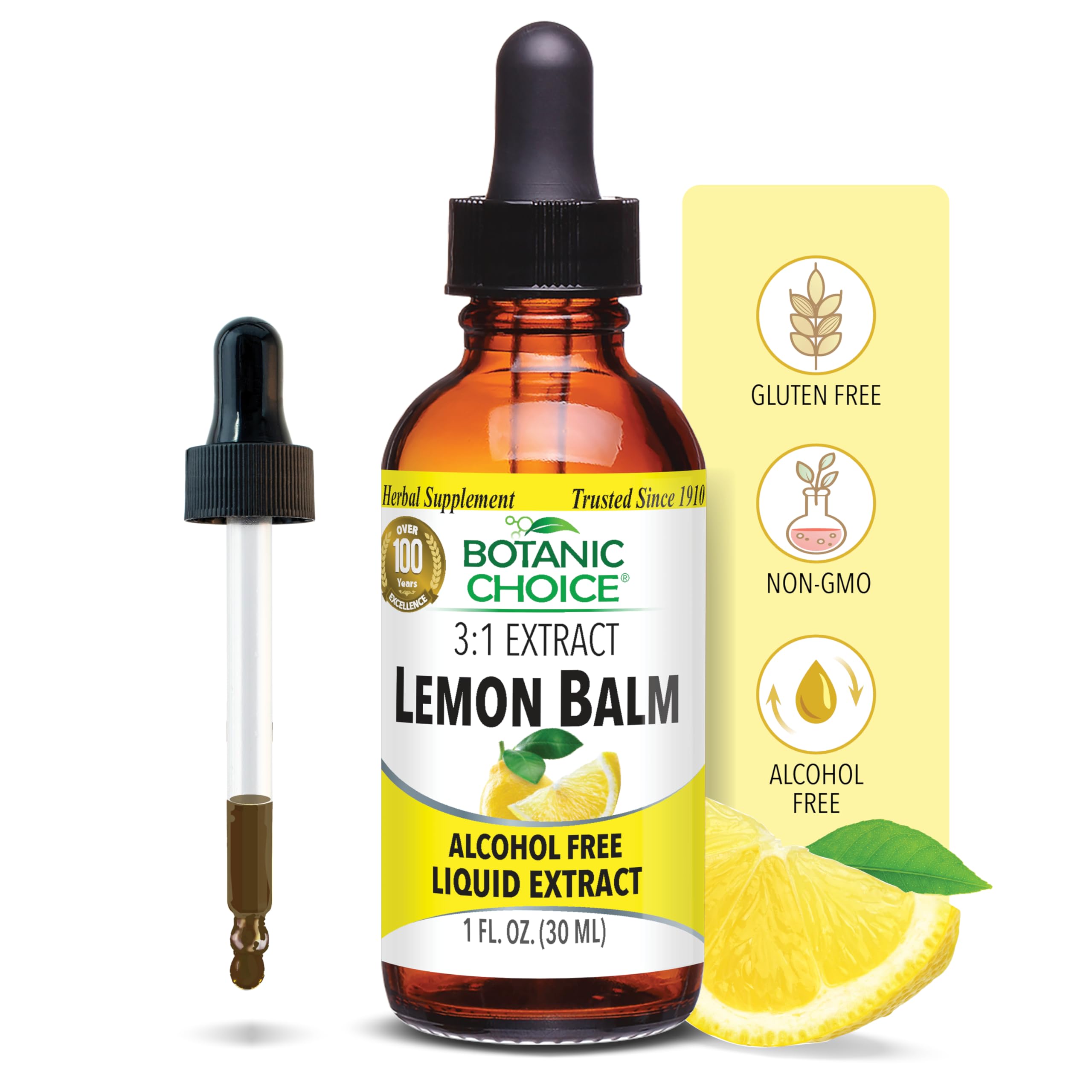 Front view of Botanic Choice Lemon Balm Liquid Extract 1 oz bottle