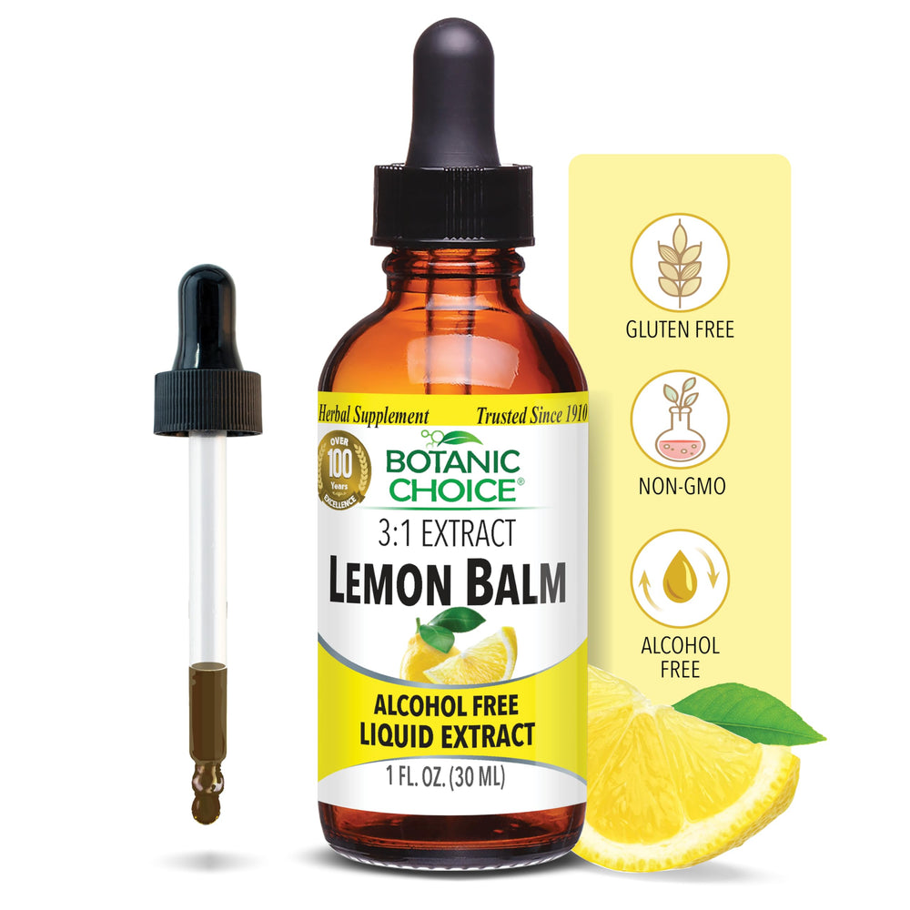 Front view of Botanic Choice Lemon Balm Liquid Extract 1 oz bottle