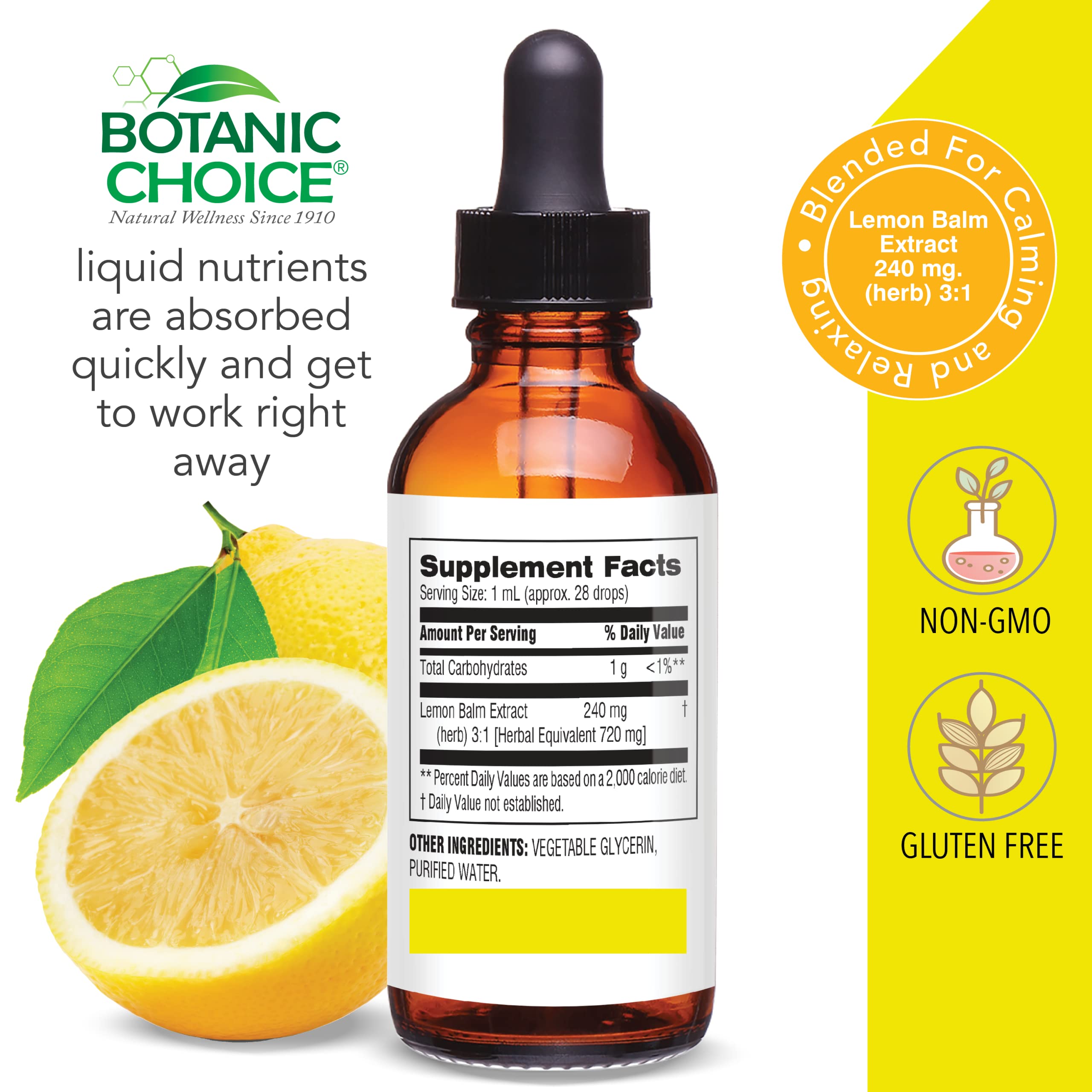 Label of Botanic Choice Lemon Balm Liquid Extract 1 oz bottle