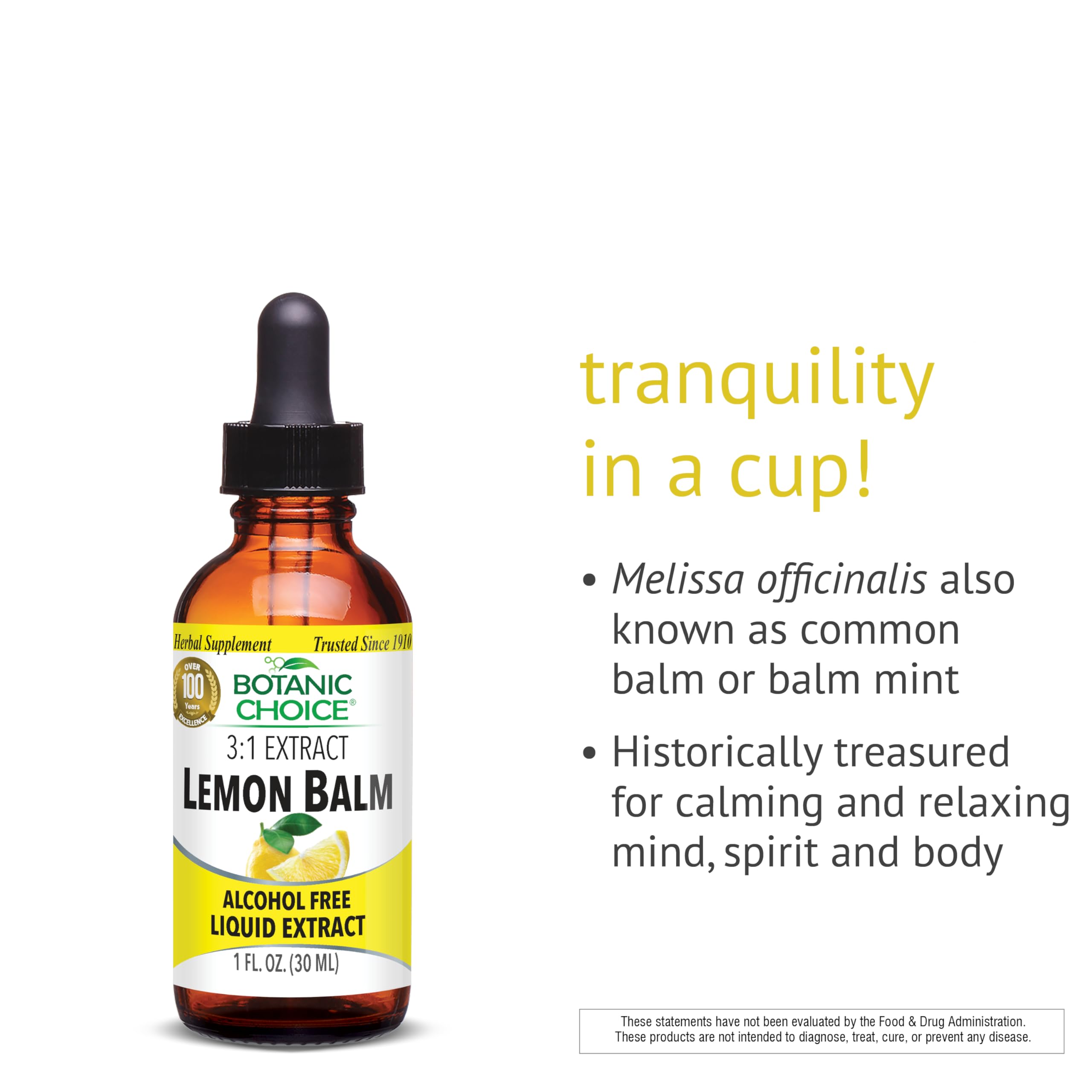 Ingredients panel for Botanic Choice Lemon Balm Liquid Extract