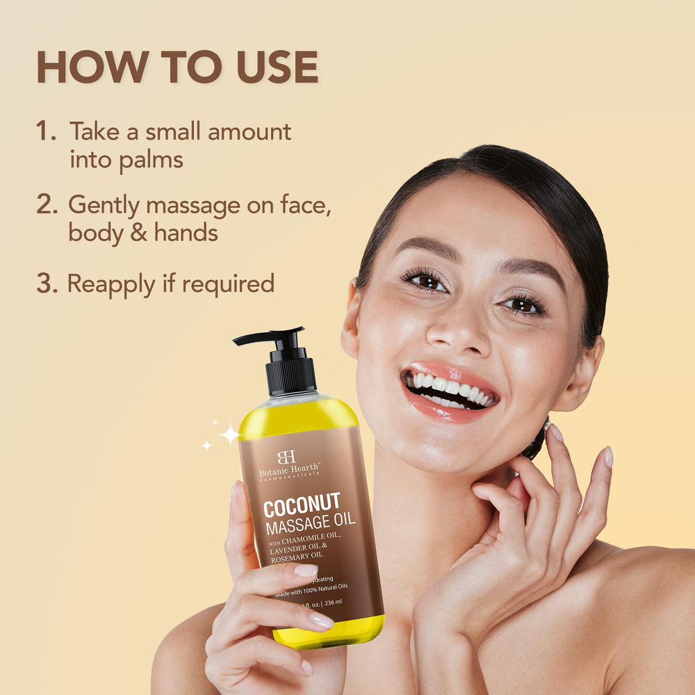 Close-up of ingredients for Botanic Hearth Coconut Massage Oil