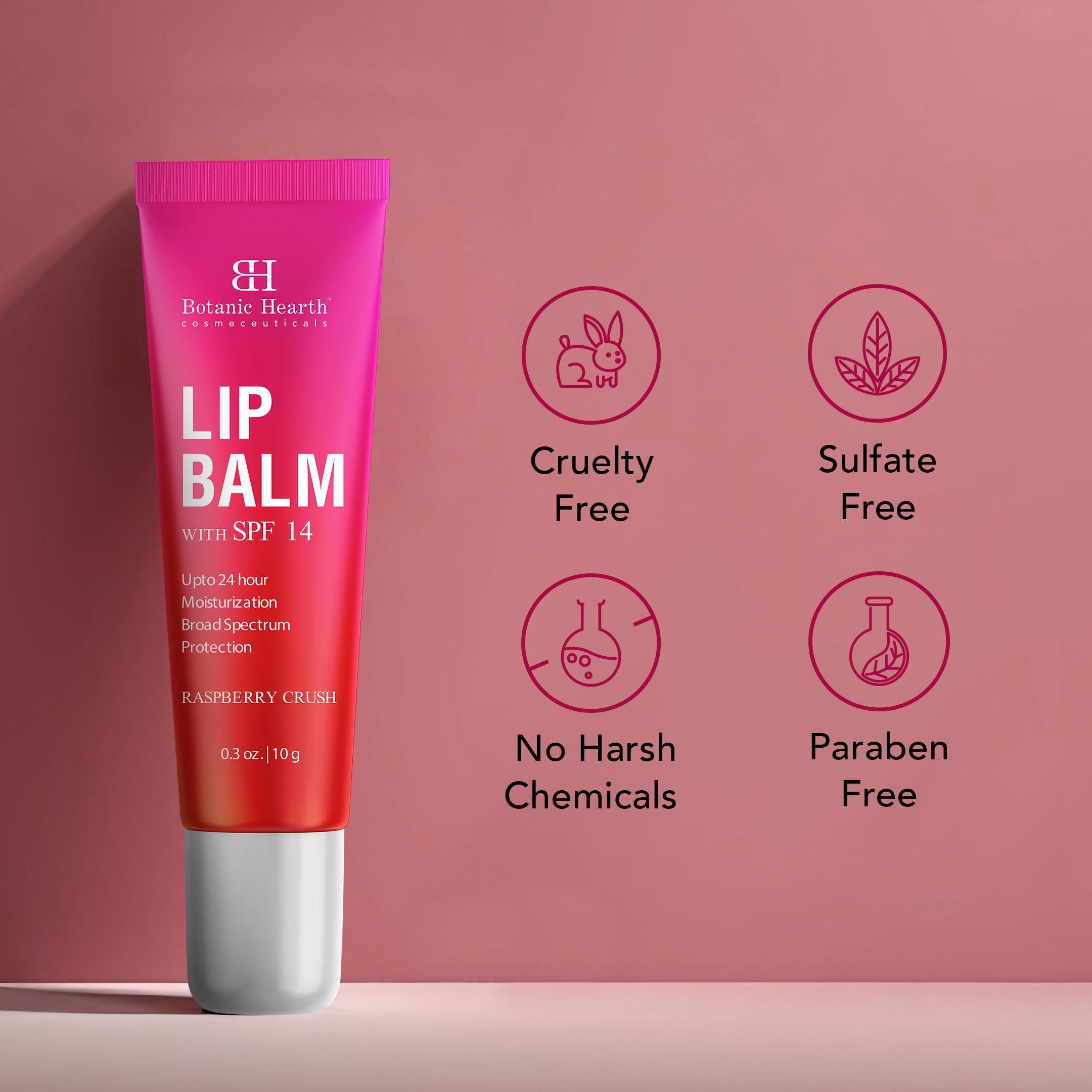 Botanic Hearth Raspberry Lip Balm SPF14 offers sun defense for outdoor days.