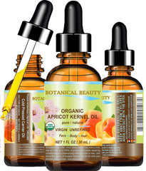 Botanical Beauty Organic Apricot Kernel Oil bottle showing pure lightweight moisturizer for daily use