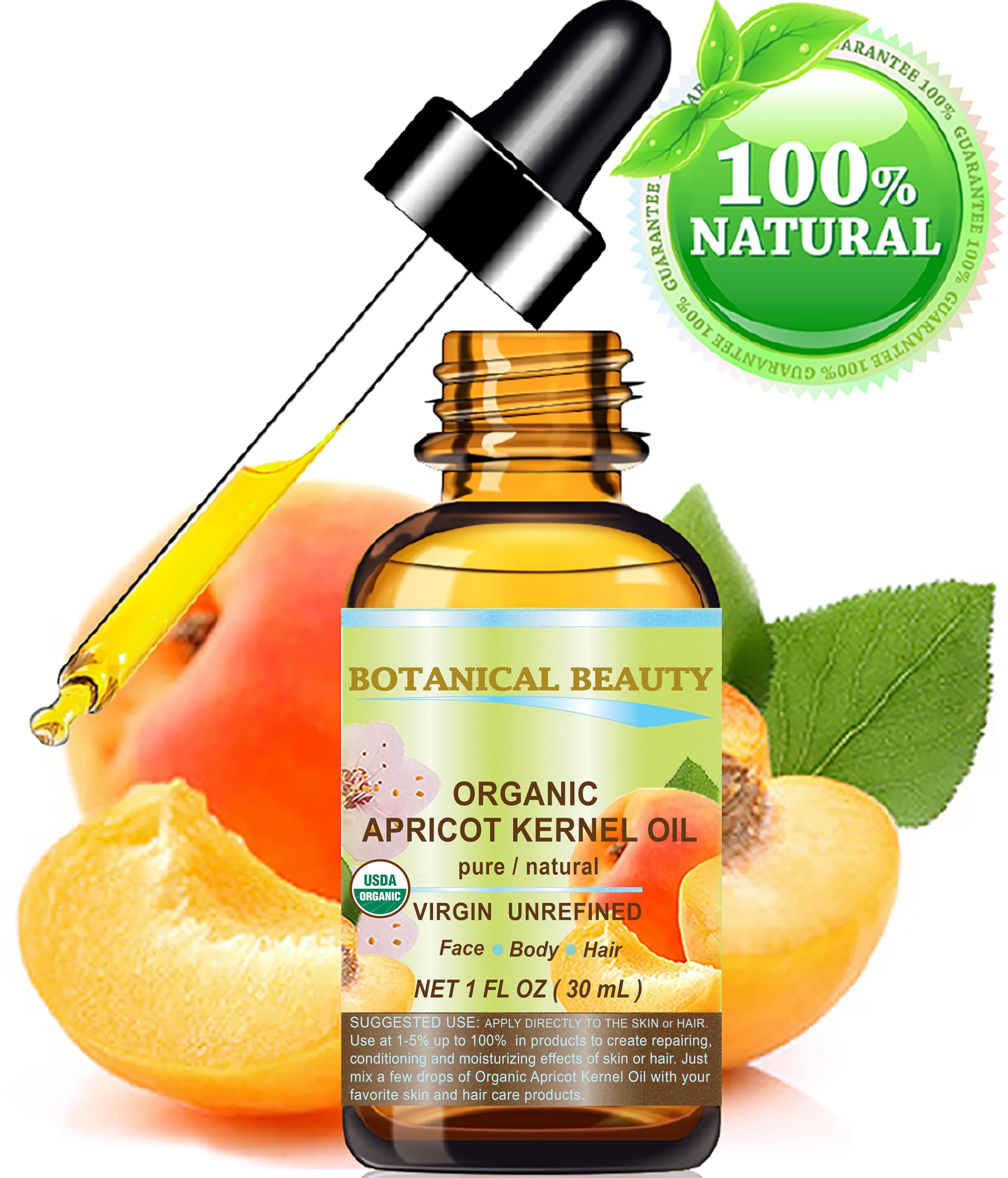 Botanical Beauty Apricot Kernel Oil being poured to illustrate quick absorption
