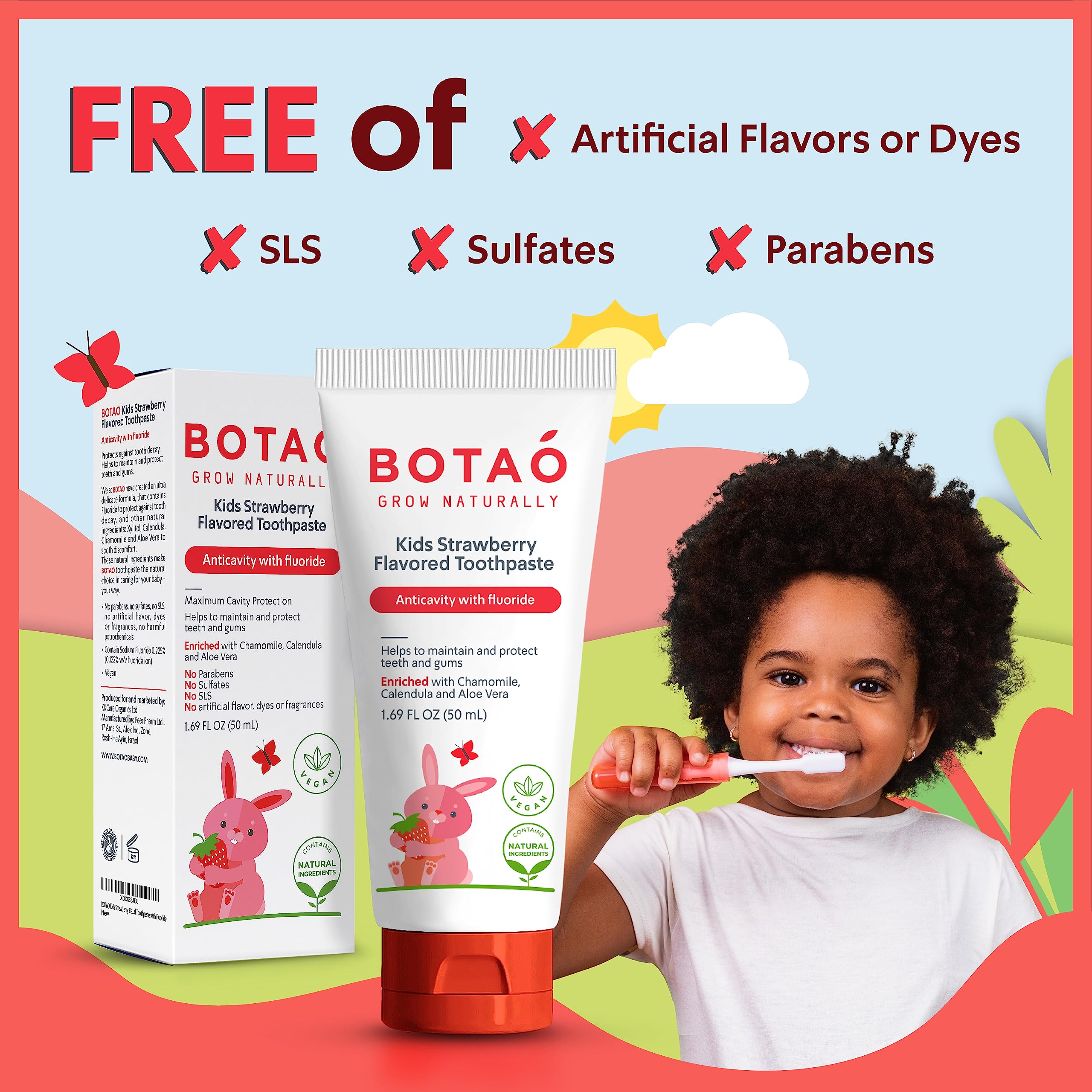 Front view of BOTAO Kids Toothpaste packaging
