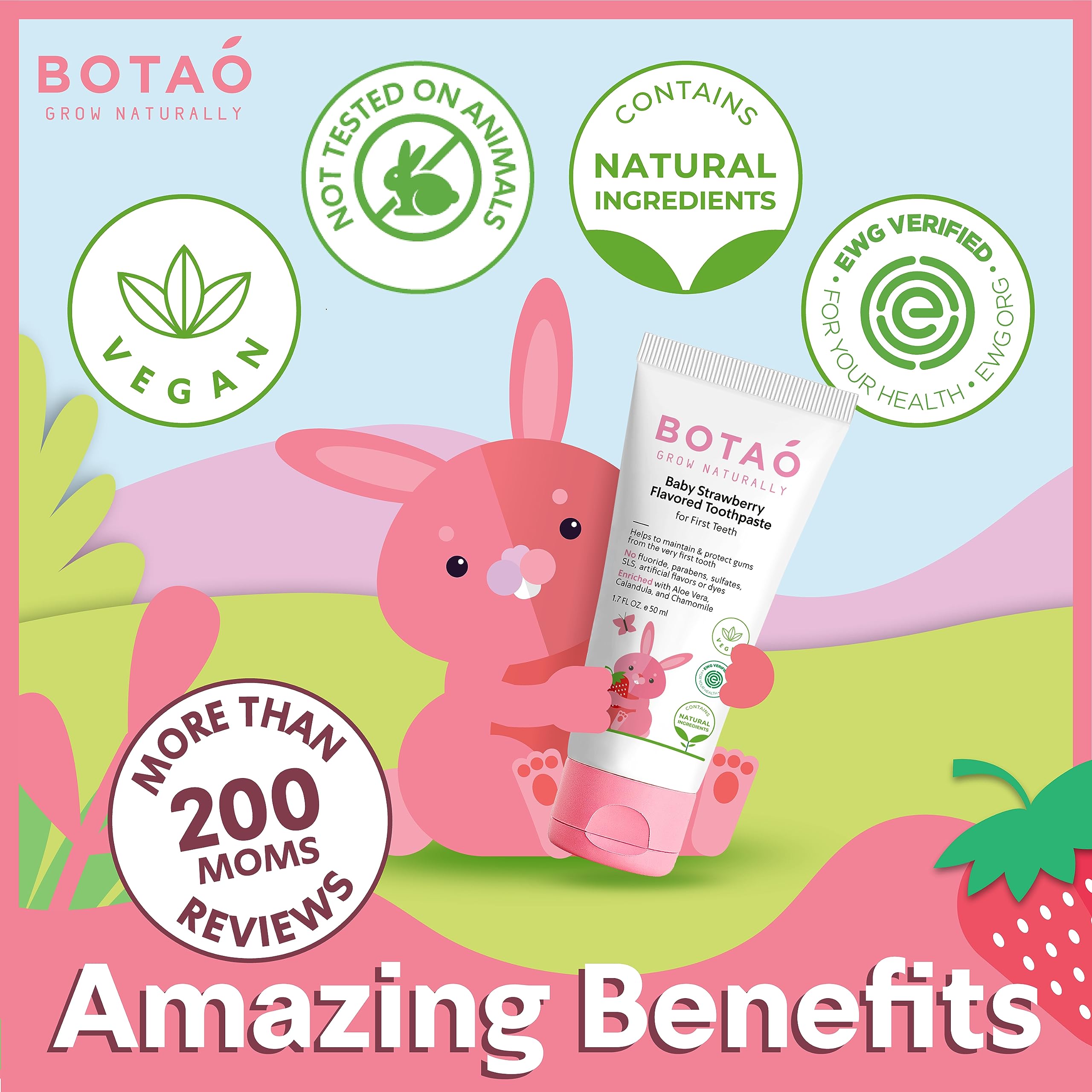 Strawberry flavor BOTAO toothpaste packaging and 1.7 oz tube