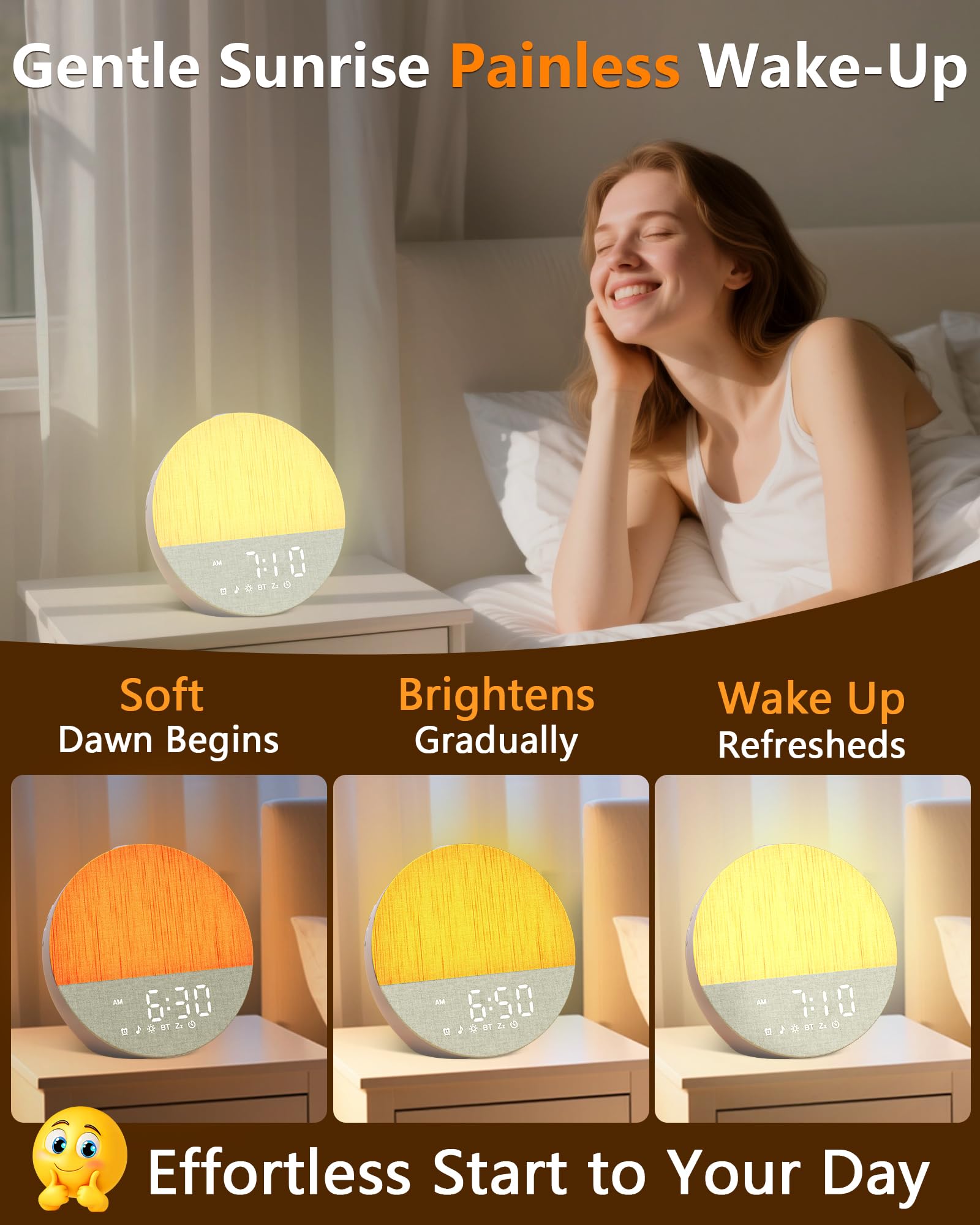 BOTDOYS Sunrise Alarm Clock brightness scale shows gradual wake for gentle mornings