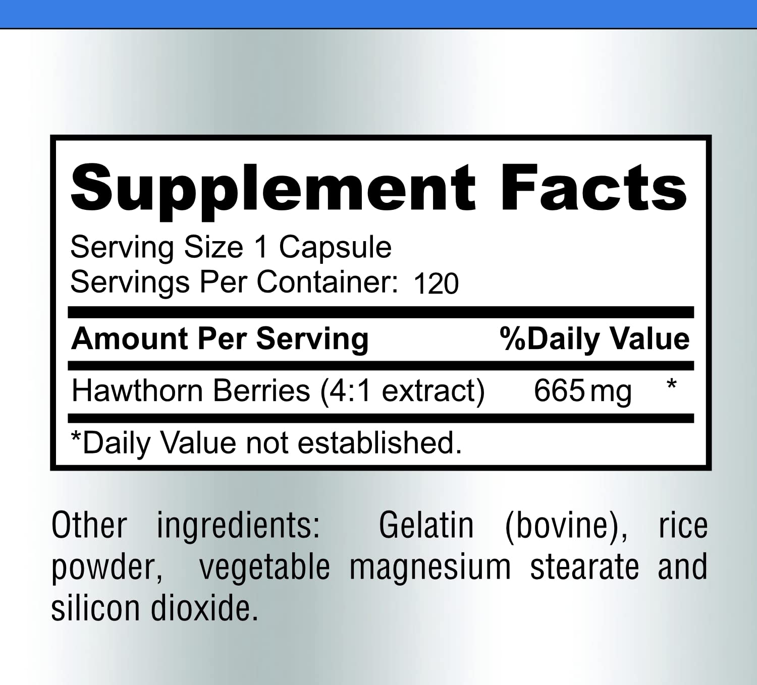 Bottle showing 120 hawthorn berry capsules and label