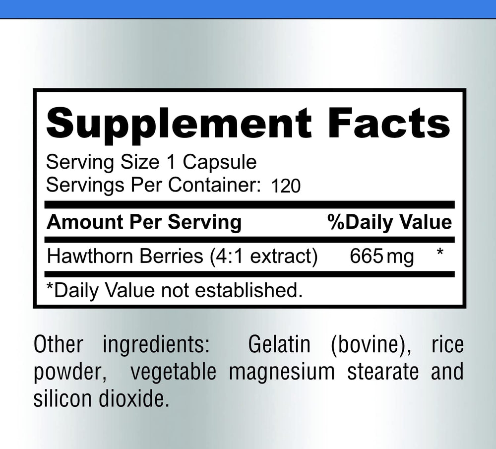 Bottle showing 120 hawthorn berry capsules and label