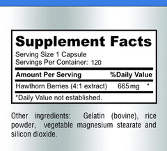 Bottle showing 120 hawthorn berry capsules and label