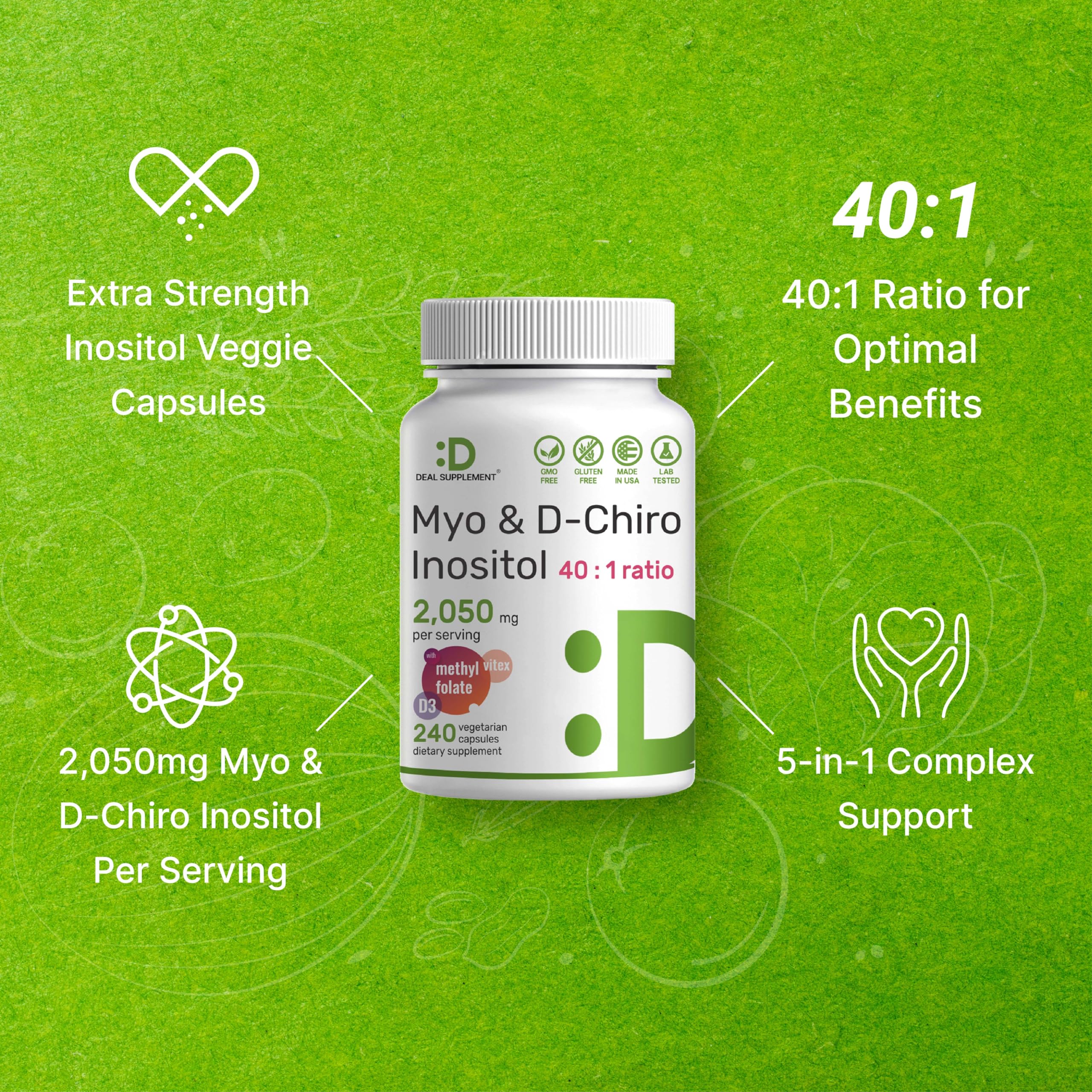 Bottle displaying 240 vegetarian capsules with Folate, Vitamin D3 and Vitex annotations