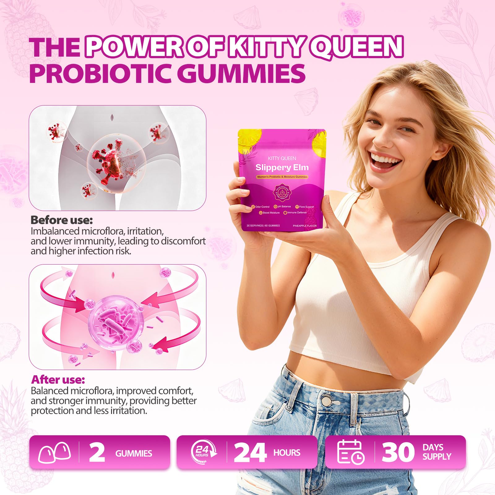 Bottle of Kitty Queen Slippery Kitty Probiotic Gummies 60 count with label