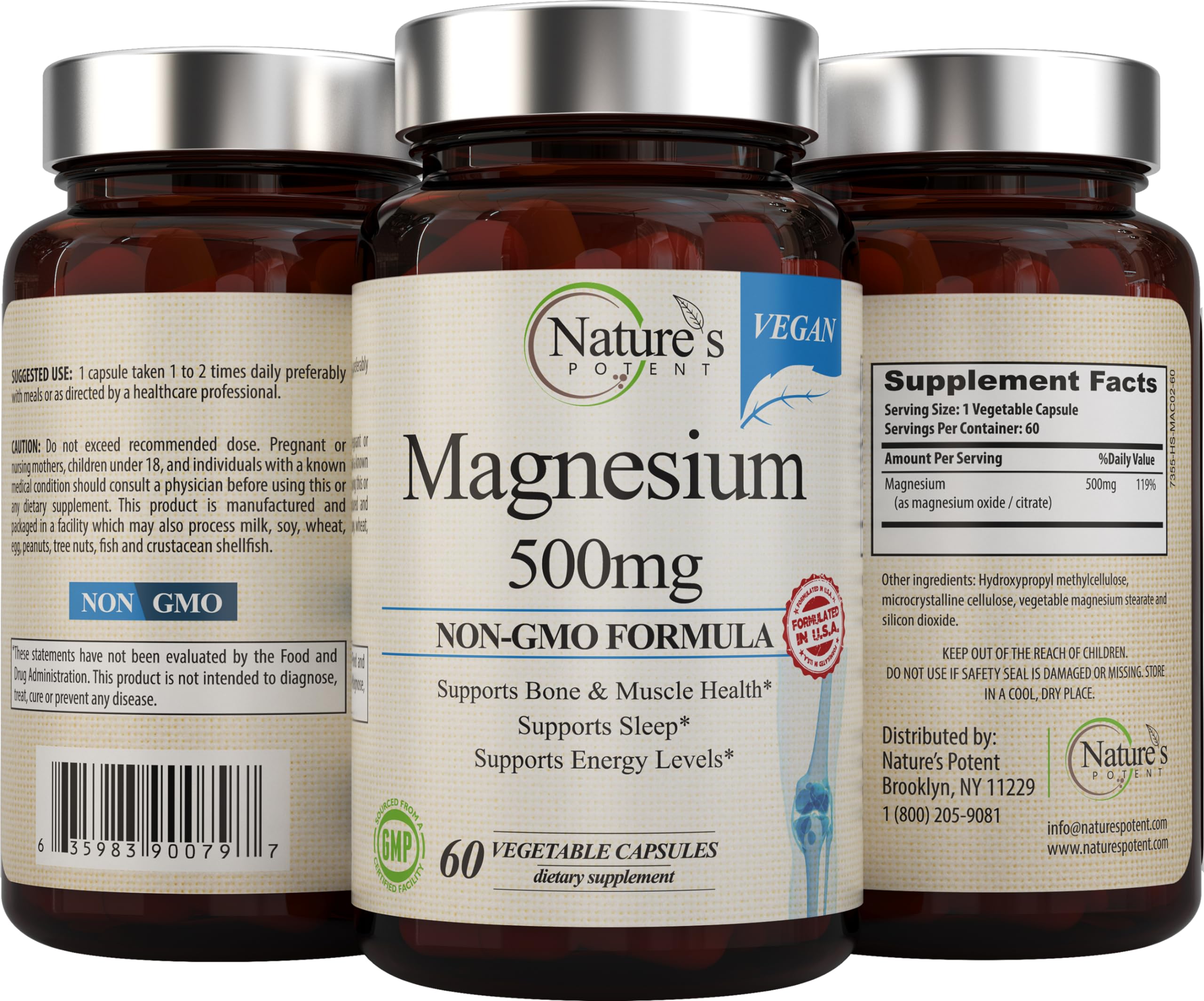 Bottle of Nature's Potent magnesium 60 veggie capsules