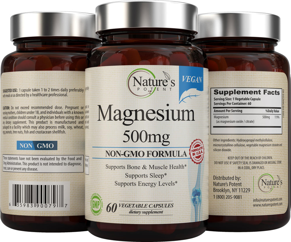 Bottle of Nature's Potent magnesium 60 veggie capsules