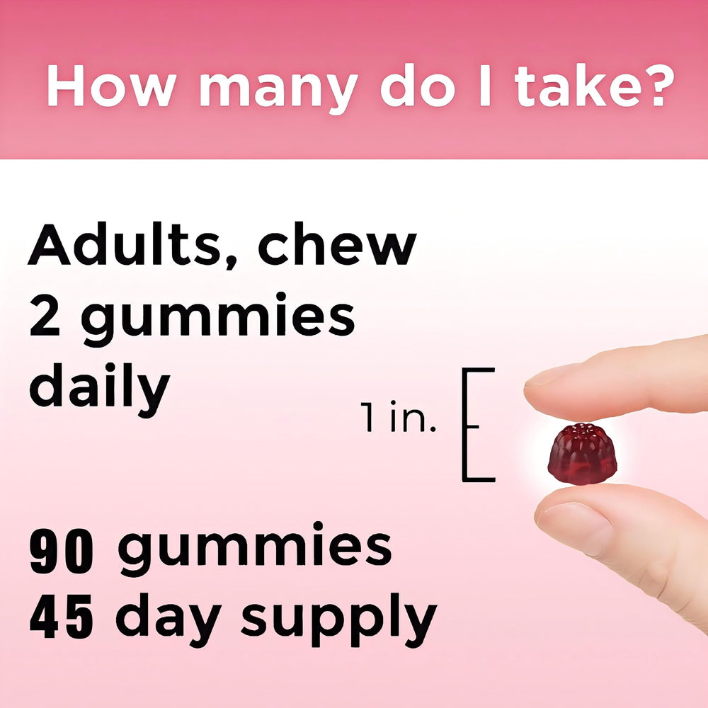Bottle showing 90 gummies per bottle