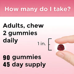 Bottle showing 90 gummies per bottle