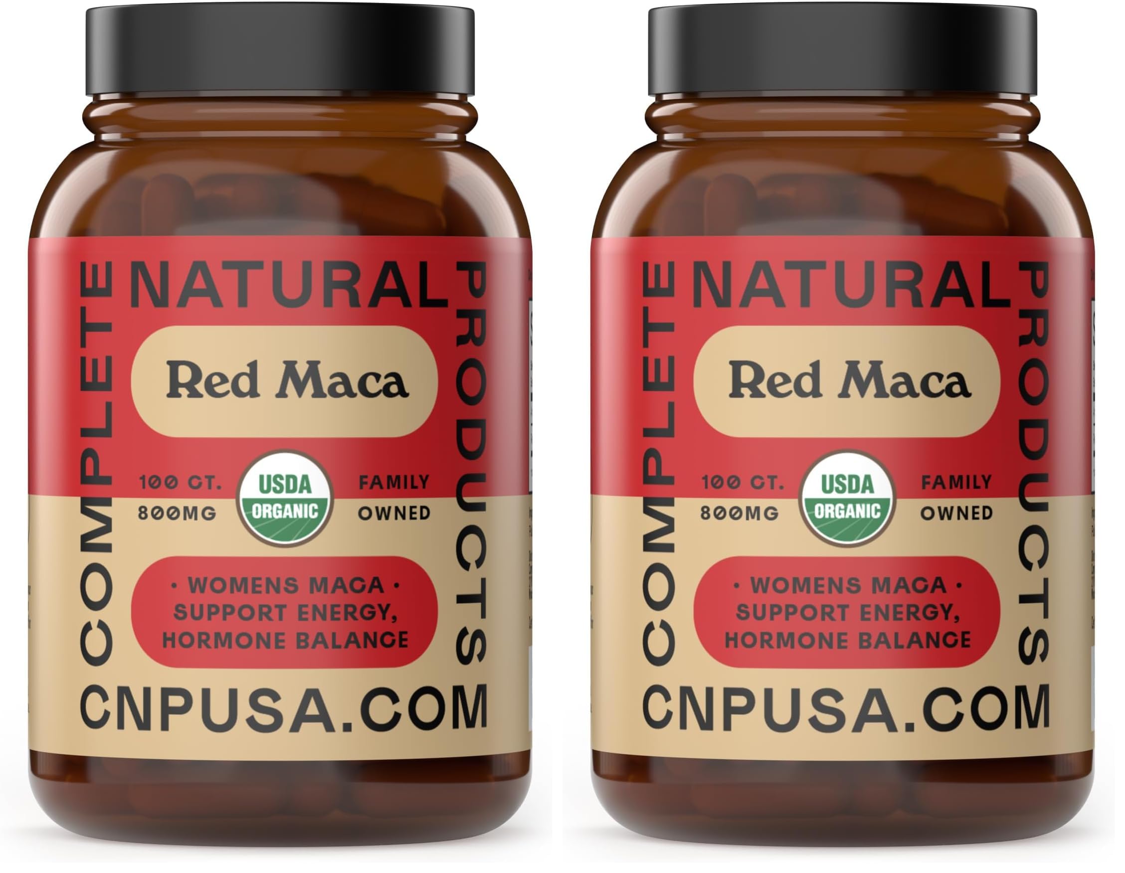 Front view of the glass bottle containing Organic Red Maca Root Capsules (800mg)