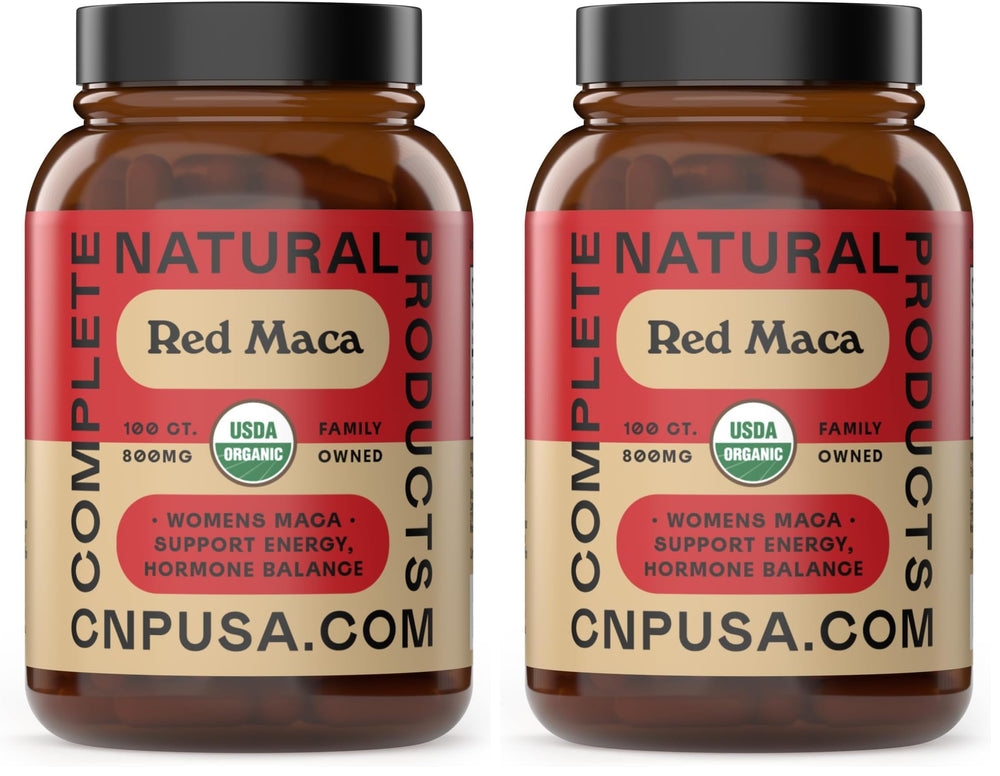 Front view of the glass bottle containing Organic Red Maca Root Capsules (800mg)