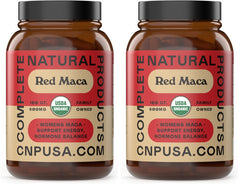 Front view of the glass bottle containing Organic Red Maca Root Capsules (800mg)