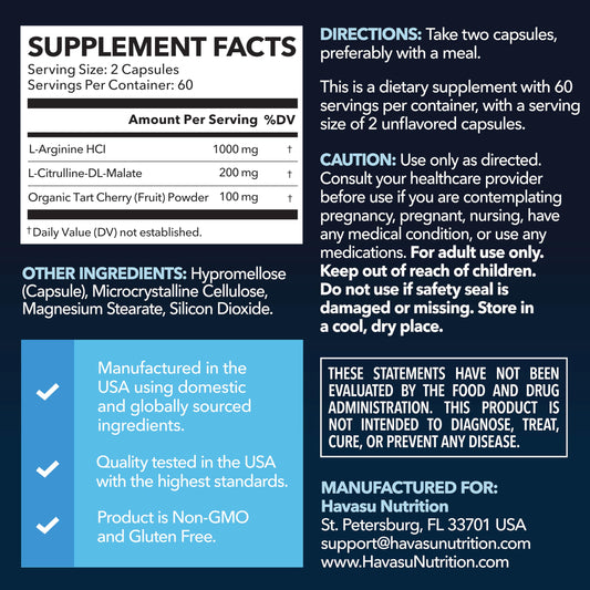 Bottle containing 120 capsules of L-Arginine and L-Citrulline
