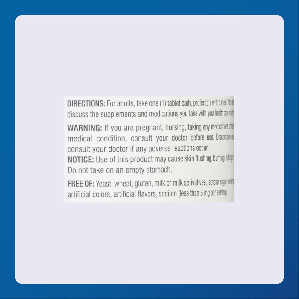 Label details of Major Niacin 500mg bottle