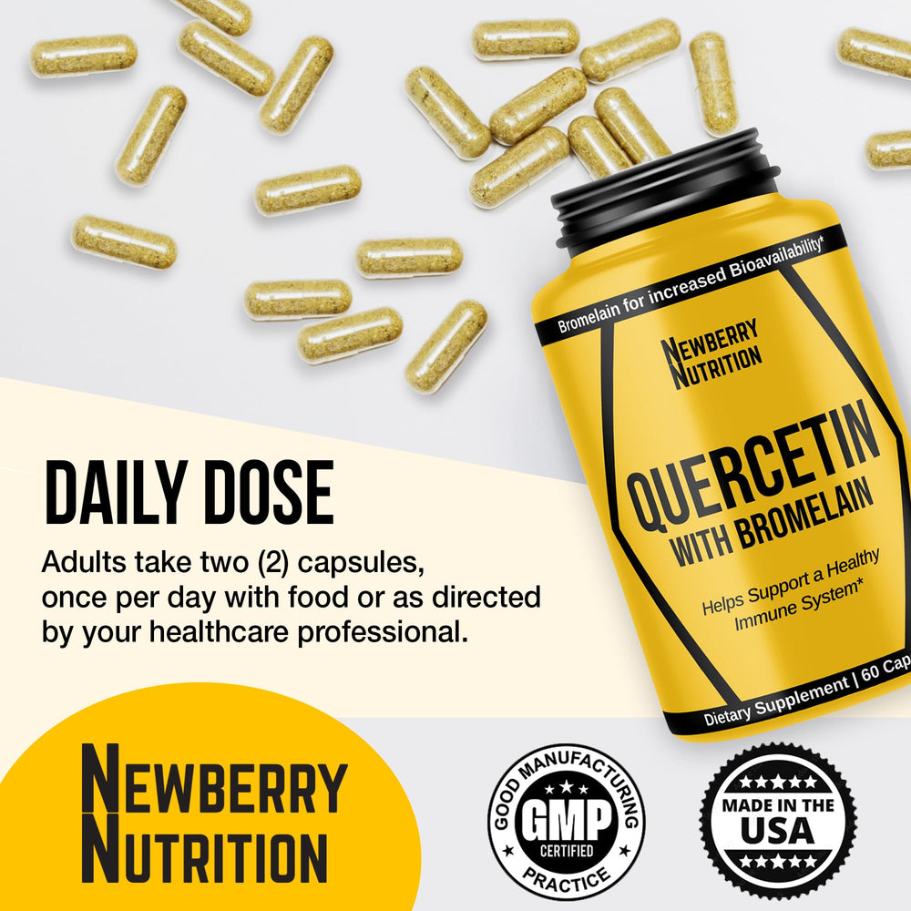 Side view of Quercetin with Bromelain bottle showing dosage information