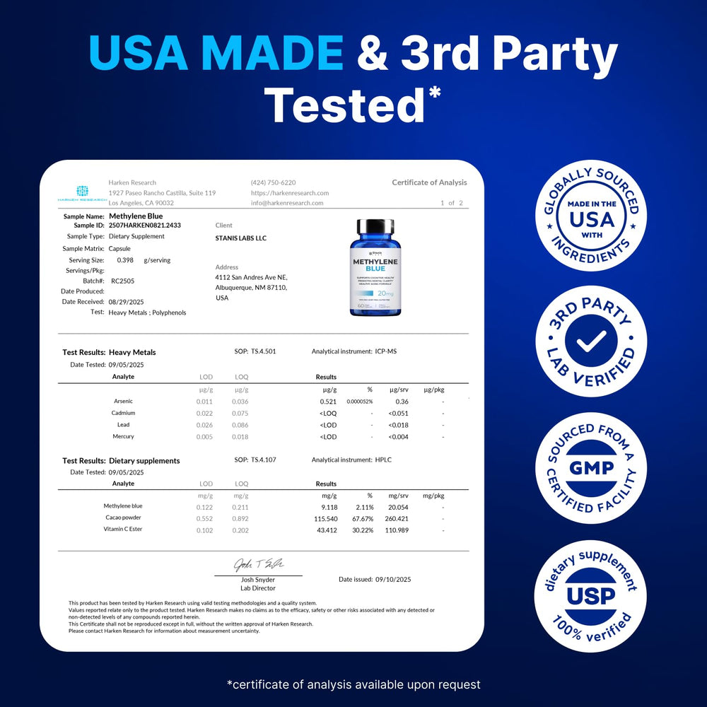 Methylene blue bottle with glass of water