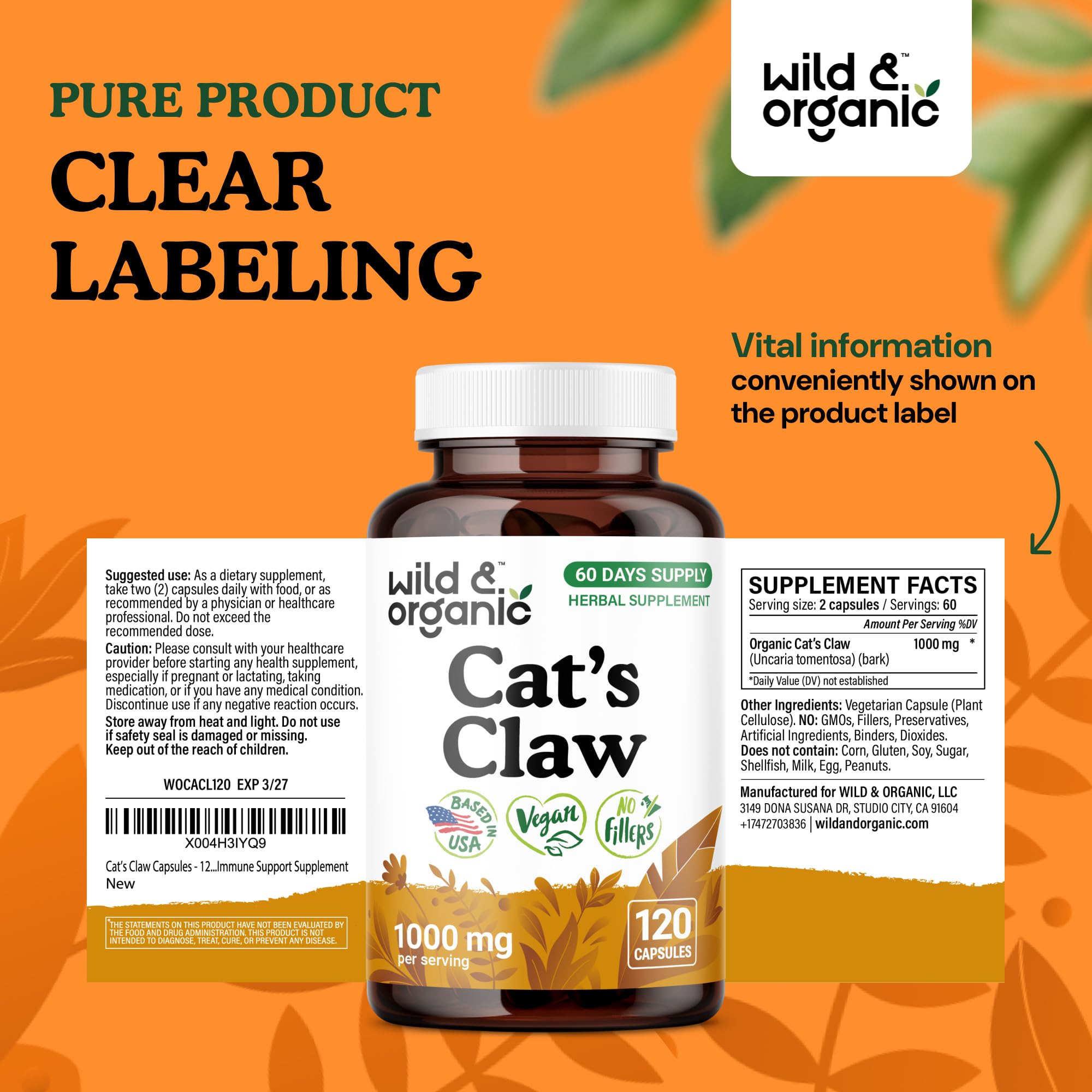 Bottle with Wild Organic Cat Claw label