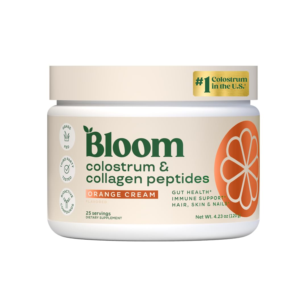 Bloom Nutrition Bovine Colostrum Powder in Orange Cream flavor, 25 servings.